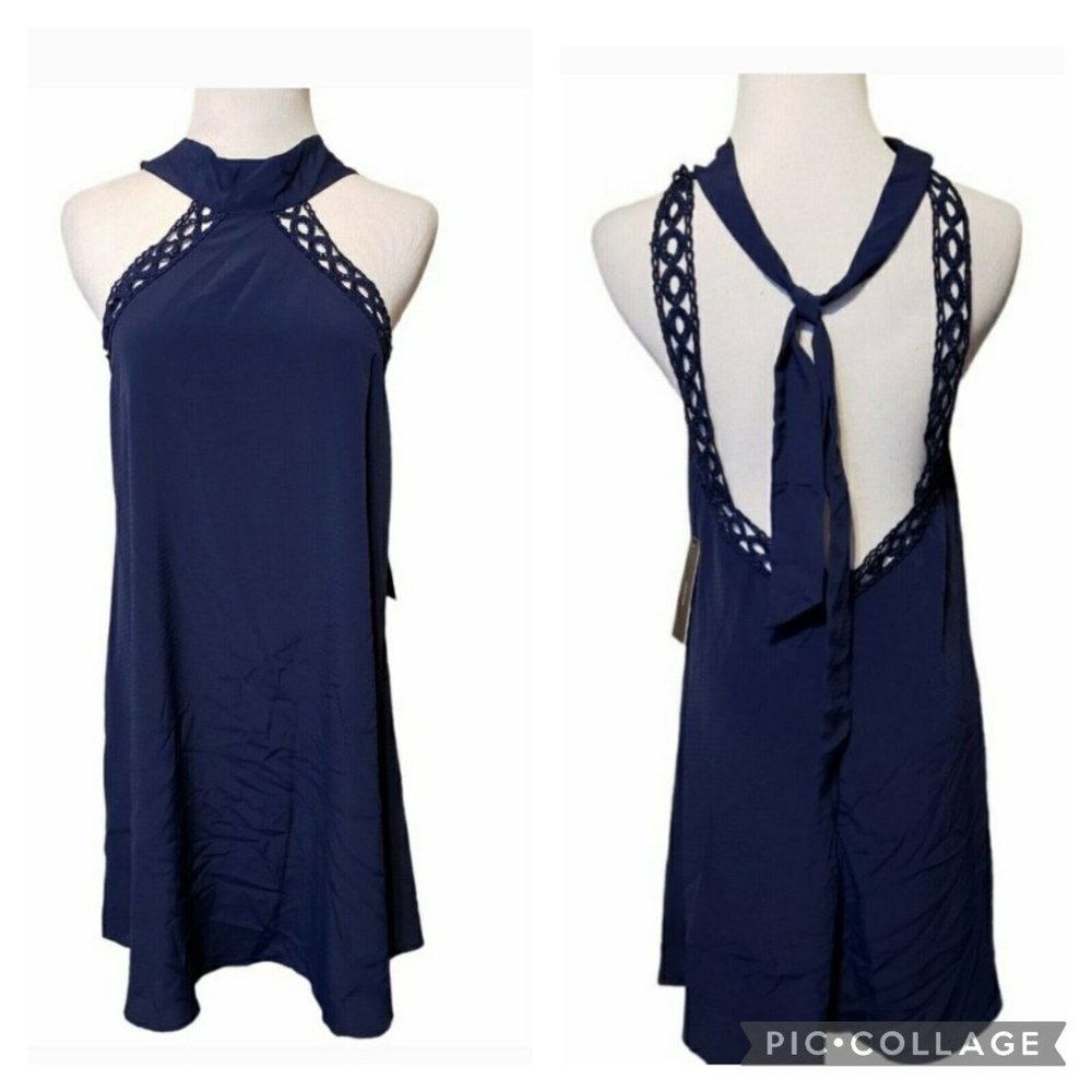 Lulus Womens Navy Blue Mini Dress‎ Halter Cocktail  crochet New size S